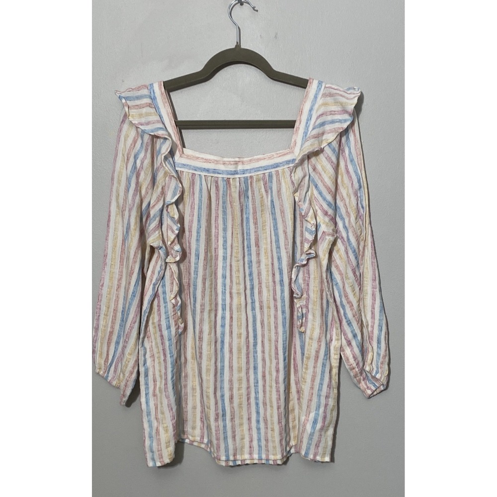Chaps Women's Lightweight Top Size L Striped Ruffle Coastal Boho Soft Pastel